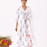 Ivory A-Line Cotton Kurta With Block Print And Palazzo Set