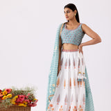 Foil Print Aqua Blue Chanderi Lehenga Set