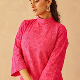 Fuchsia Pink Cotton Santoon Embroidered Kurti Set
