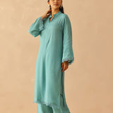 Teal Green Cotton Santoon Solid Kurti Set