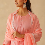 Peach Russian Silk Embroidered Kurti Set