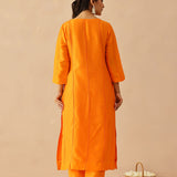 Bright Orange Russian Silk Solid Kurti Set