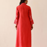 Coral Red Russian Silk Embroidered Kurti Set