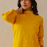 Golden Yellow Cotton Santoon Embroidered Kurti Set