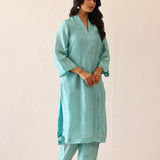 Aqua Blue Russian Silk Subtle Embroidered Kurti Set