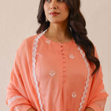 Salmon Pink Russian Silk Embroidered Kurti Set