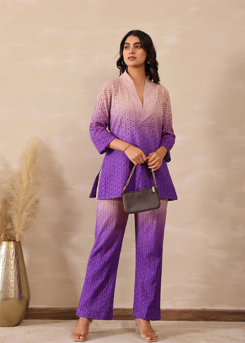 <img> Ombre Eminence Purple Cotton Cut Work Co-Ord Set