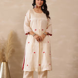 Off White Russian Silk Embroidered Kurti Set