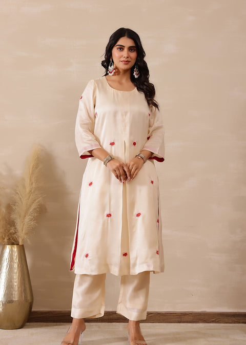 <img> Off White Russian Silk Embroidered Kurti Set