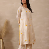 Off White Russian Silk Embroidered Kurti Set