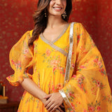 Saffron Yellow Organza Floral Printed Anarkali Set