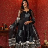 Rich Black Organza Floral Printed Anarkali Set
