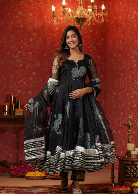 <img> Rich Black Organza Floral Printed Anarkali Set
