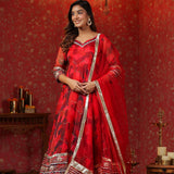 Deep Scarlet Red Organza Printed Anarkali Set