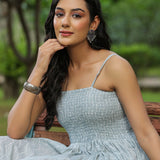 Pastel Grey Cotton Printed Gown Set