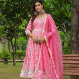 Persian Pink Cotton Floral Printed Anarkali Set
