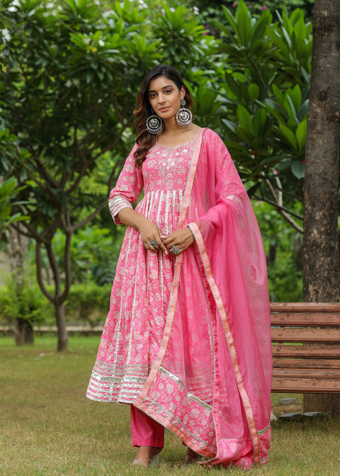 <img> Persian Pink Cotton Floral Printed Anarkali Set