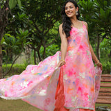 Multicolour Pink Georgette Floral Embroidered Kurti Set