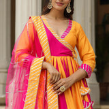 Pink And Yellow Cotton Silk Solid Anarkali Set