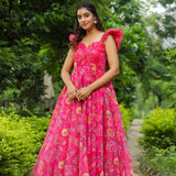 French Rose Pink Organza Floral Printed Gown