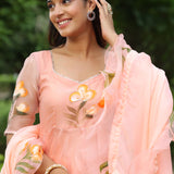 Peach Pink Organza Floral Anarkali Set