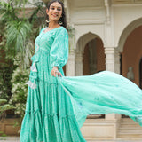 Mint Blue Silk Bandhani Printed Anarkali Set