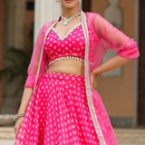 Bright Pink Organza Bandhani Printed Lehenga Set