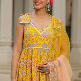 Saffron Yellow Cotton Floral Printed Anarkali Set