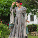 Granny Grey Cotton Floral Printed Anarkali Set