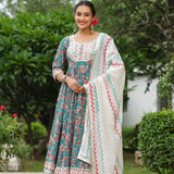 Persian Green Cotton Floral Printed Anarkali Set