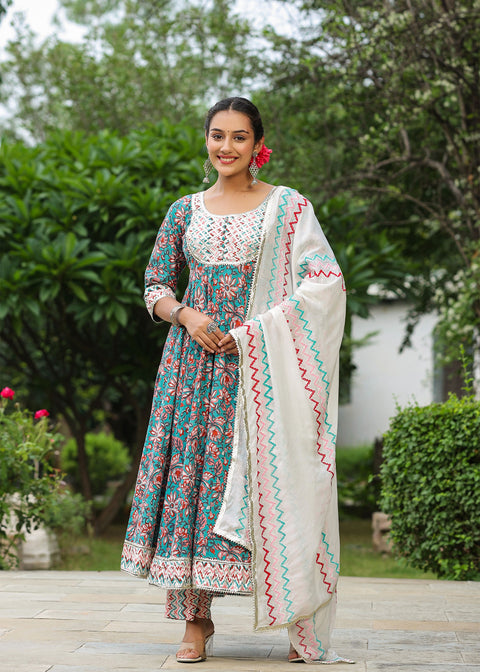 <img> Persian Green Cotton Floral Printed Anarkali Set