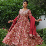 Mexican Red Cotton Floral Printed Anarkali Set