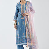 Blue Cotton Silk Ethnic Suit Set With Subtle Floral Design