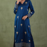 Floral Foil Print Dark Blue Straight Kurta And Pant