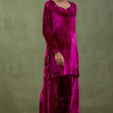 Dark Pink Velvet Short Kurta And Sharara With Shawl Set