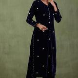 Embroidered Dark Blue Velvet Straight Kurta Set With Dupatta