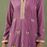Embroidered Lilac Straight Kurta And Pant With Banarashi Strip Dupatta