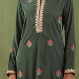 Embroidered Dark Olive Green Straight Kurta And Pant With Banarasi Strip Dupatta