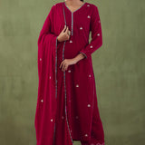 Rani Red Velvet Straight Kurta Set With Dupatta