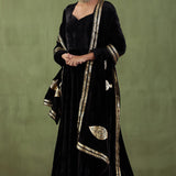 Black Plain Silk Velvet Straight Kurta And Pant With Velvet Shawl Set