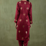 Maroon Foil Printed Mashru Silk Straight Kurta And Salwar With Velvet Shawl Set