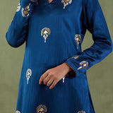 Dark Blue Foil Printed Mashru Silk Straight Kurta And Salwar With Velvet Shawl Set