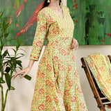 Block Printed Yellow Cotton Suit Set With Floral Patterns
