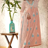 Old Rose Pink Block Printed Cotton Kurta Set With Floral Pattern