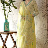 Yellow Block Printed V-Neckline Cotton Kurta Set With Floral Design