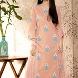 Bright Peach Block Printed Cotton Kurta Set With Floral Pattern