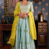 Sea Green Foil Printed Cotton Silk Lehenga Set With Dupatta