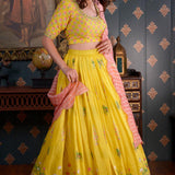 Lemon Yellow Foil Printed Cotton Silk Lehenga Set With Dupatta