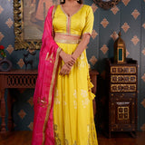 Lemon Yellow Printed Cotton Silk Lehenga Set With Dupatta