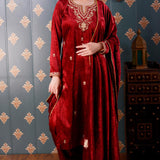 Embroidery Maroon Velvet Kurta Set